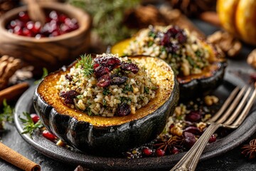Roasted Acorn Squash Stuffed with Savory Rice, Quinoa, and Dried Cranberries.