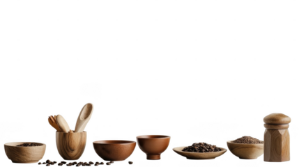 Wooden bowls and utensils with coffee beans are arranged on a white background, highlighting kitchen prep