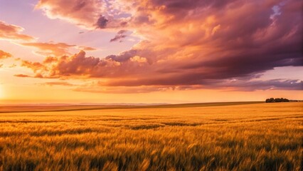 Obraz premium An expansive golden field under an awe-inspiring sky at sunrise or sunset, where warm light illuminates turbulent clouds