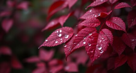 Red leaves glisten with raindrops closeup vibrant color palette shallow depth of field