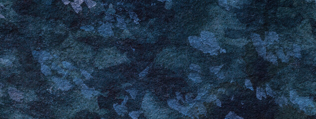 Navy blue watercolor abstract art background with paint splashes and stains pattern, macro. Dark denim wallpaper