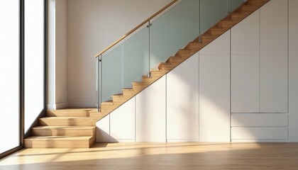 Obraz premium Modern wooden staircase with glass railing ascends alongside built-in storage units. Natural light streams through large window, casting long shadows on wooden floor. Clean lines, minimalist design