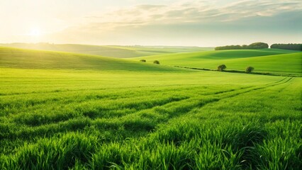 Obraz premium A tranquil rural landscape bathed in the warm glow of a setting or rising sun, featuring rolling green hills and lush fields of growing crops under a soft, cloudy sky