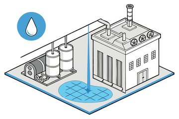 Illustration of a factory releasing water into a pool with a water drop icon nearby showing water