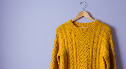Mustard Yellow Cable Knit Sweater on Hanger