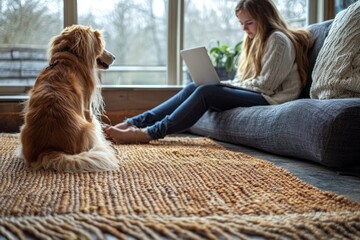 Midsection of a teenage girl sitting on a sofa indoors with her dog, working on a laptop, reflecting a blend of productivity and relaxation at home, Generative AI
