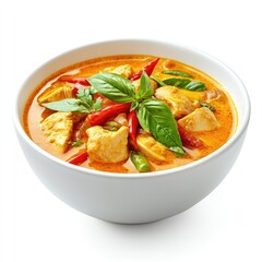 Fototapeta premium A colorful hot bowl of healthy chicken curry and delicious tomato soup with basil are on a dinner plate, ready to be eaten