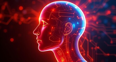 Redilluminated cyborg head w blue accents  visible circuitry against a dark background w illuminated red lines and spheres