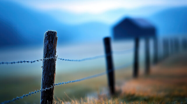 Old wooden post with barbed wire fence in misty rural landscape, creating calm and serene atmosphere with soft blue tones - Powered by Adobe