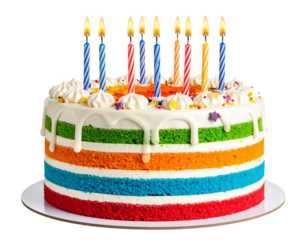 Layered Rainbow Birthday Cake with Lit Candles, Front View, Isolated on White Background