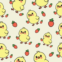 cute little chick with strawberry fruit illustration on light background pattern design .