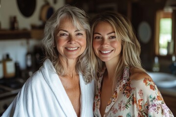 Happy senior mother in bathrobe with her adult daughter indoors at home, highlighting the importance of self-care and intergenerational care, Generative AI