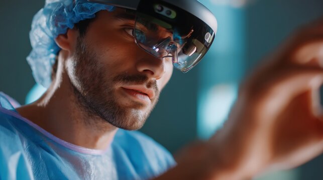 Surgeon performing intricate procedure with augmented reality headset in a modern operating room during surgery - Powered by Adobe