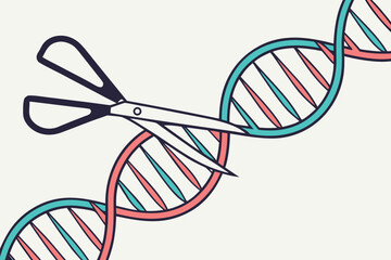 Illustration of a pair of scissors cutting a dna double helix strand with teal and pink coloring
