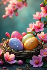 Vibrant Easter eggs nestled in blossoms, glistening with dew , spring flowers, texture, blossom