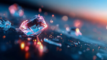 Sparkling ice cubes resting on a glossy surface, illuminated by glowing sunset tones and scattered light particles