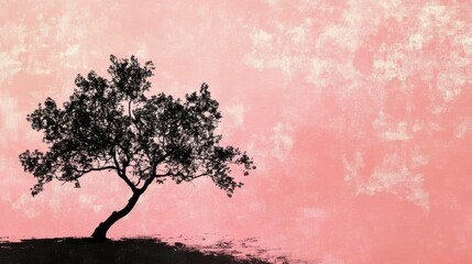 Solitary Silhouette Tree Against Pink Sky Background