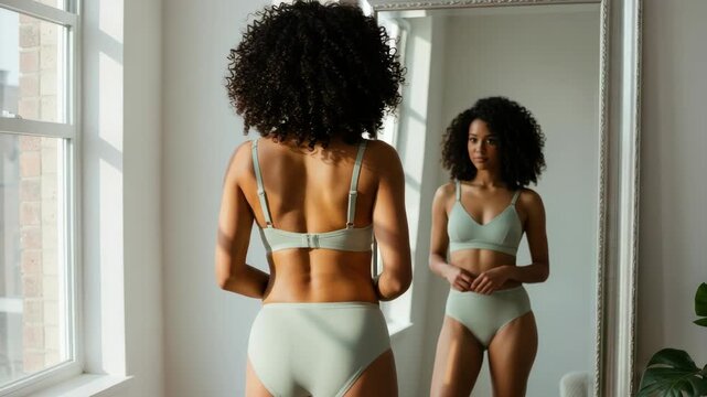 Woman looking at self in lingerie set