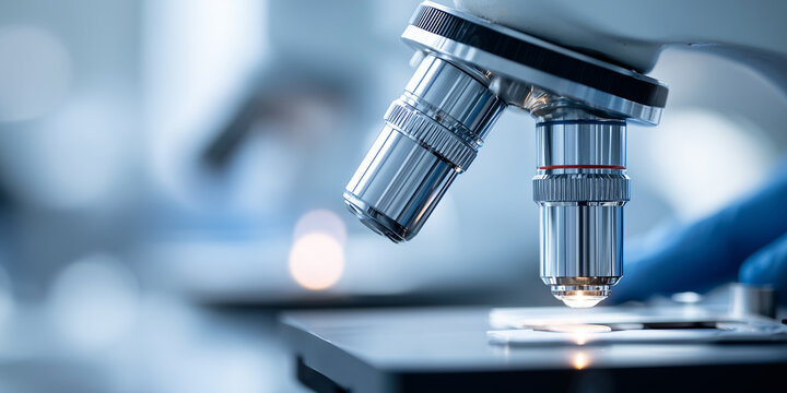 Close up of a microscope lens in a laboratory, highlighting scientific research and analysis in a modern medical environment.
