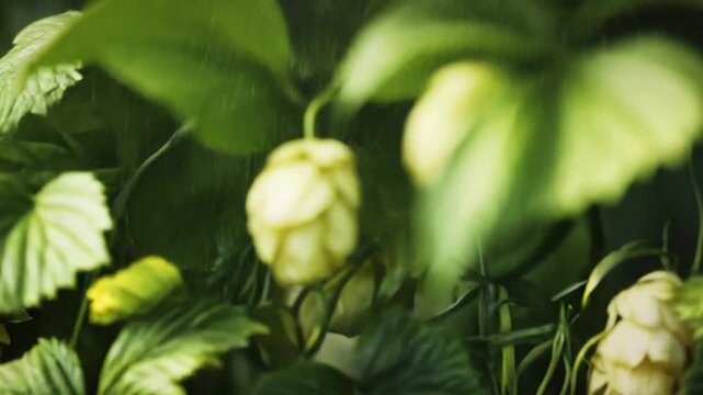 Common hop cones growing on a bine providing bittering, flavour, and stability to beer