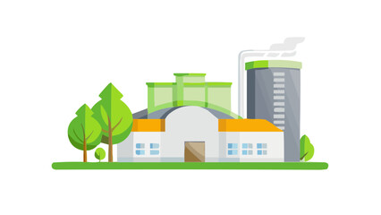 Illustration of a factory building with a tall chimney and green trees on a grassy ground near the plant