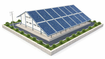 A building with a roof covered in solar panels and a power pole near the building on a white background
