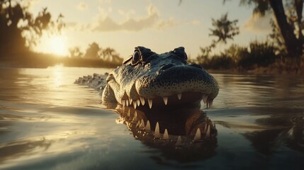 Crocodile Half Submerged in Calm Water at Sunset