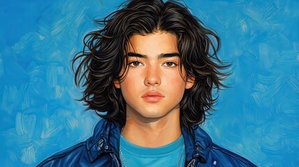 Fototapeta premium Portrait of a Young Man with Curly Hair Against a Blue Textured Background