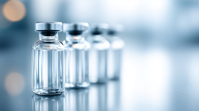 Row of clear glass medical vials filled with liquid stands on a reflective surface in a bright laboratory setting.
