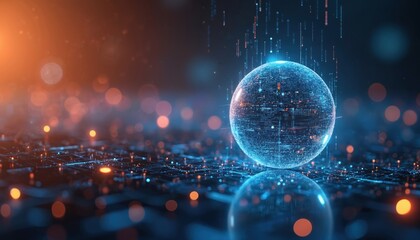 Abstract digital interface glowing blue sphere with data streams. Orange bokeh lights, circuit patterns create futuristic innovation concept. Bright, clean visuals for technology, cyber themes.