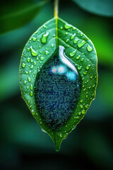 Sustainable Green Leaf Water Droplet Showing Digital Binary Code Data Tech Future Innovation Ecology