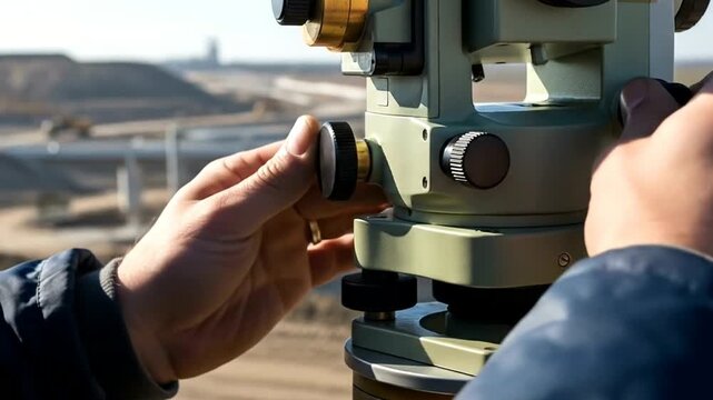A surveyor adjusts a theodolite instrument for land measurement at an outdoor construction site.