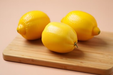 Three bright yellow lemons arranged on a wooden cutting board with a soft pink background