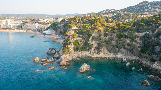 Aerial 4K video from drone to castell d'en plaja castle lloret de mar in costa brava, spain