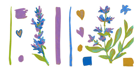 Hand-drawn floral set illustration created with wax crayons and oil pastels.Minimalist abstract daisies, cornflowers, and wheat in blue, white,and ochre colors on a white background,perfect for modern