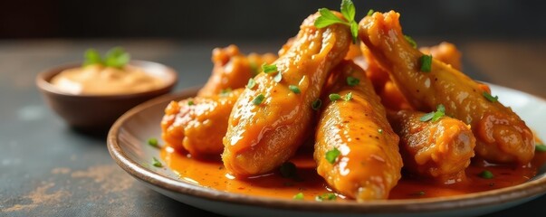 Crispy fried chicken wings smothered in creamy cayenne pepper sauce, tangy sauce, crispy chicken