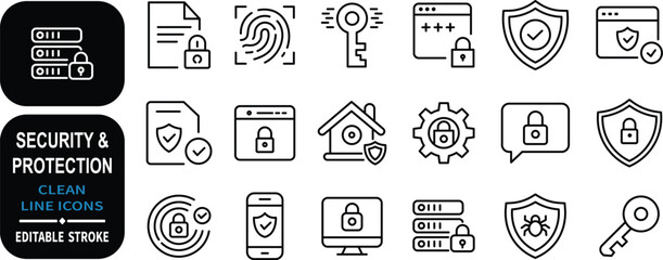 Collection of simple line icons representing security and protection concepts