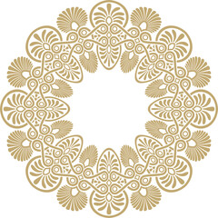 Vector golden classic Greek round ornament. Circle of Ancient Greece and the Roman Empire. Byzantine painting of walls, floors and ceilings. Decoration of European palaces.
