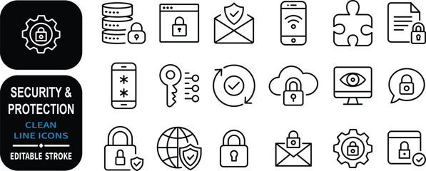 Collection of security protection icons clean line style with editable stroke