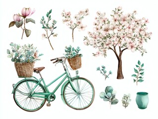 set watercolor of Classic Bicycle with Flowers in a Basket, cherry blossom, pot, and spring vibes on white background