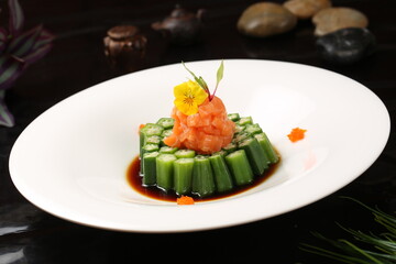 Chinese cuisine, Cantonese cuisine, salmon and okra