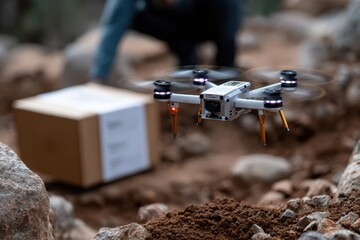 A drone hovers over a dug-out area delivering a package, showcasing the innovative use of technology in logistical operations in rugged terrains.