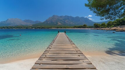 Fototapeta premium Tranquil wooden pier leading to a pristine beach, turquoise water, and mountains