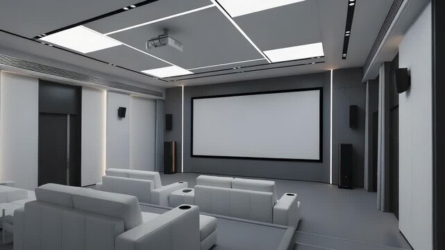 Modern Home Theater Featuring White Leather Sofas and Large Blank Screen With Recessed Lighting In Minimalist Design