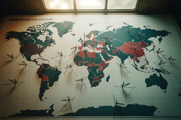 Mosquito spread visualized across world map highlighting disease vector locations and global health concerns for research and awareness campaigns