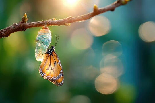 butterfly emerging from chrysalis on branch - Powered by Adobe