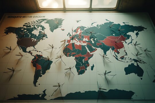 Mosquito spread visualized across world map highlighting disease vector locations and global health concerns for research and awareness campaigns