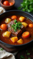 Hearty beef stew with root vegetables, simmering in rich broth , south american, spanish, cuisine