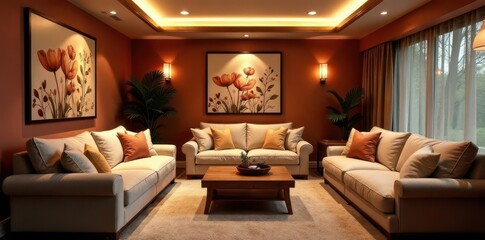 Relaxing basement retreat with plush seating, floral wall art, warm lighting , plants, throw pillows, interior design