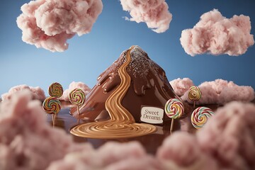 Indulge your senses with a whimsical chocolate volcano landscape adorned with swirly lollipops and fluffy pink clouds